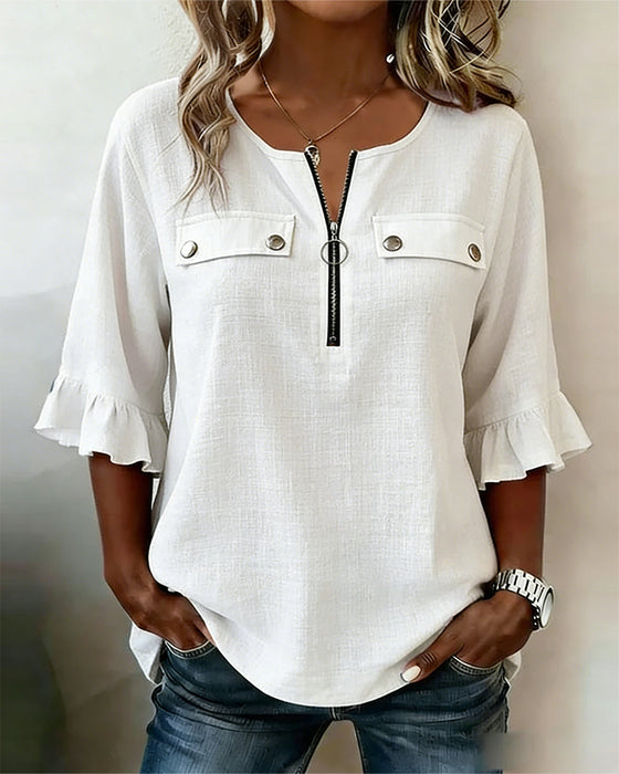 Bluse mit Reißverschluss 3/4-Arm Rüsche