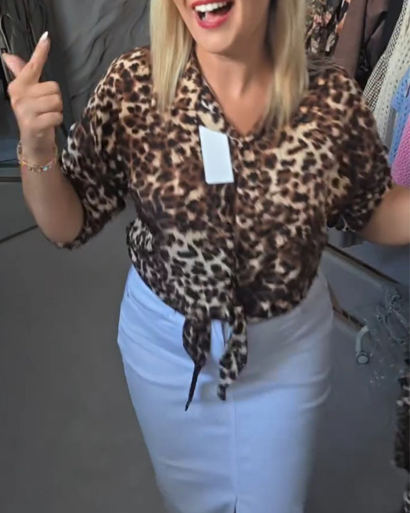 Bluse Schnürung V‑Ausschnitt Leopard