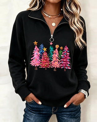 Sweatshirt Halb-Zip Weihnachtsbaum Druck