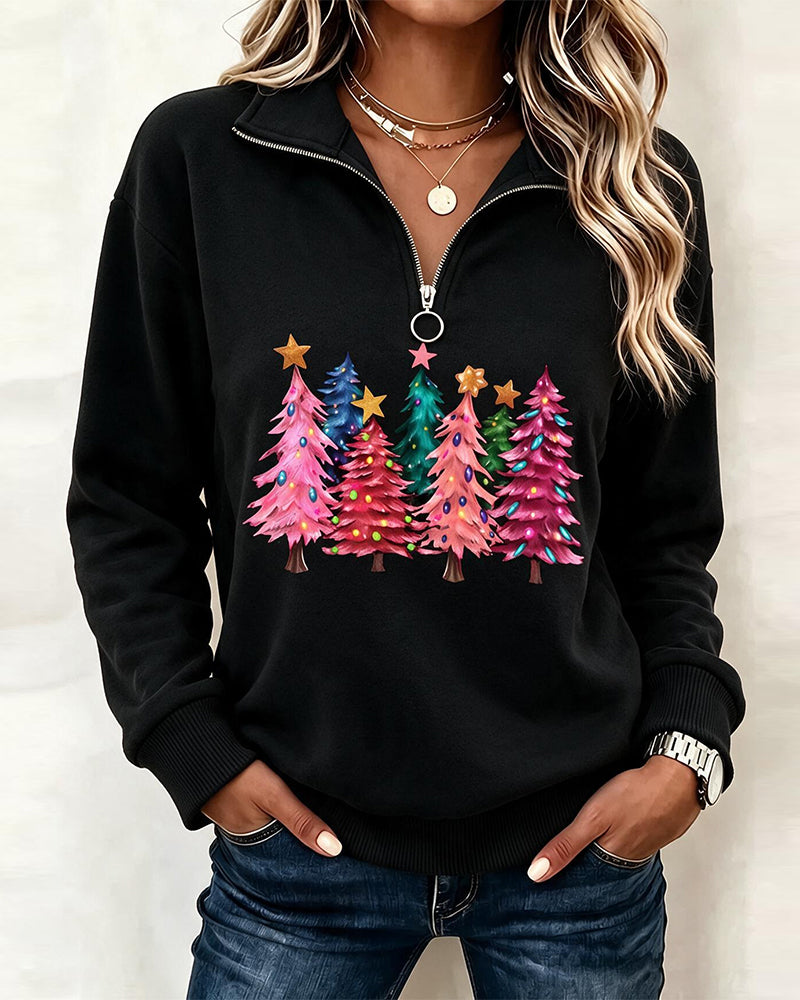 Sweatshirt Halb-Zip Weihnachtsbaum Druck