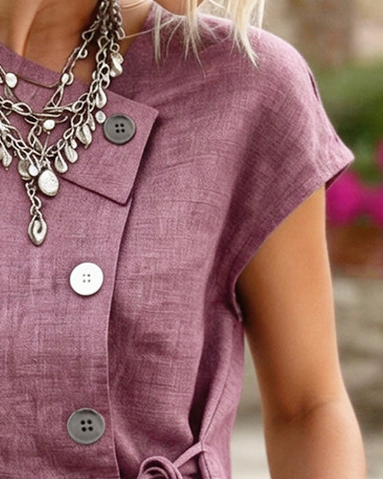 Bluse Asymmetrischer Ausschnitt Krawatte Knopf