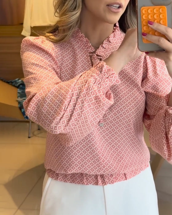 Bluse Puffärmel Stehkragen Karo