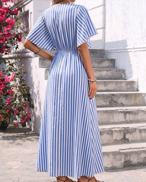 Kleid Gestreift V-Ausschnitt Knopf