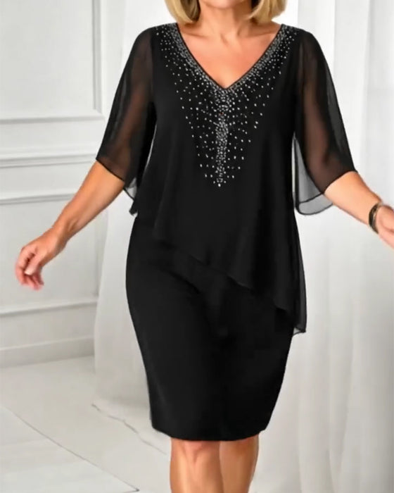 Kleid Lässig V-Ausschnitt Rhinestone