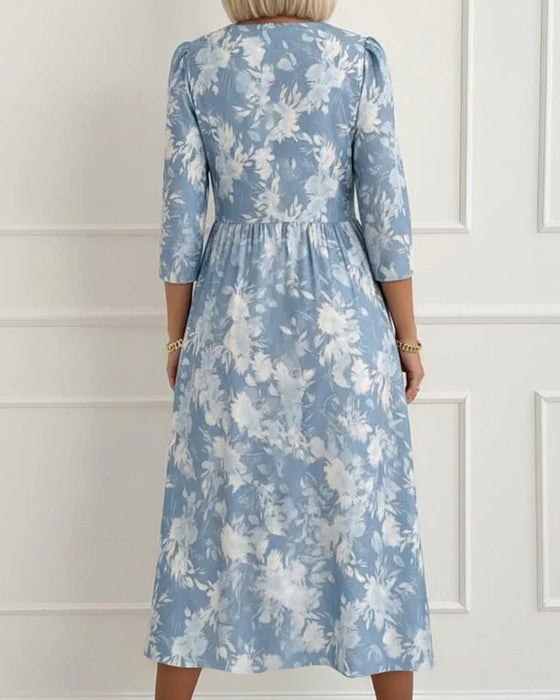 Kleid V-Ausschnitt Knopf Blumen Gerafft