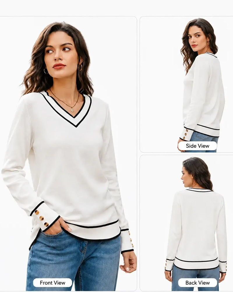 Pullover Mit Farbblock V-Ausschnitt Und Druckknöpfen
