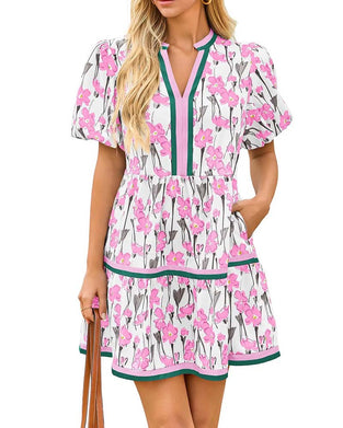 Kleid V-Ausschnitt Blumig Blasenärmel Patchwork