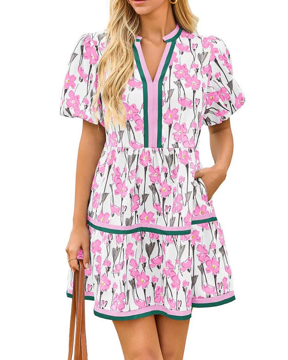Kleid V-Ausschnitt Blumig Blasenärmel Patchwork