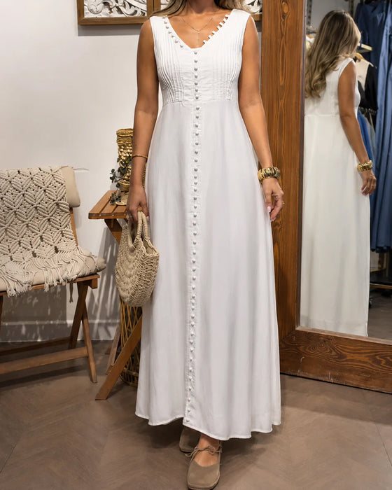 Kleid Ärmellos Knopf Vorne Weiß Maxi