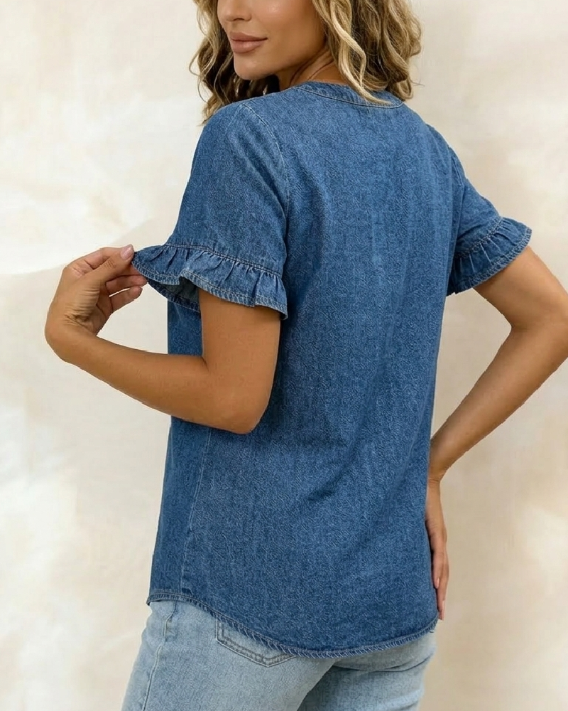 Bluse Denim V-Ausschnitt Rüschen Kurzarm