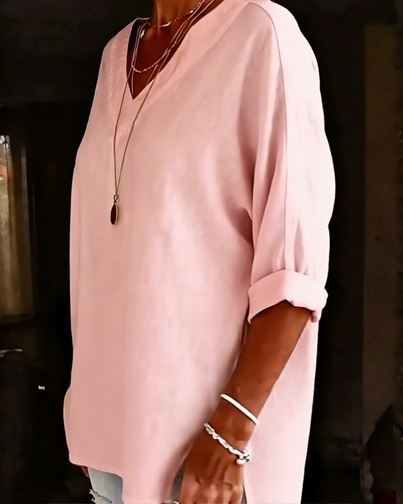 Top V-Ausschnitt Sieben-Ärmel Geteilt Baumwolle Leinen