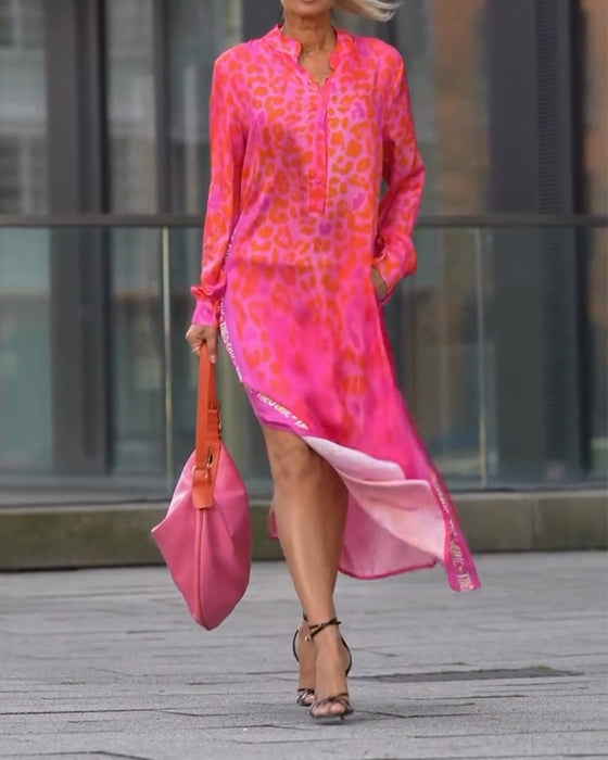 Kleid Langarm Leopardenmuster Schlitz