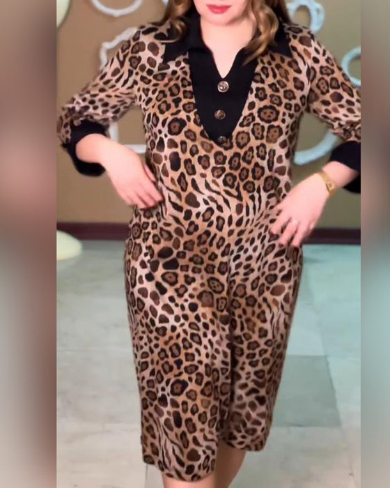 Kleid Mit Farbblock-Detail, Leopardenmuster, V-Ausschnitt Und Kühner Stimmung