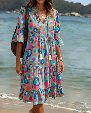 Kleid Bunt Druck Franse V-Ausschnitt Resort