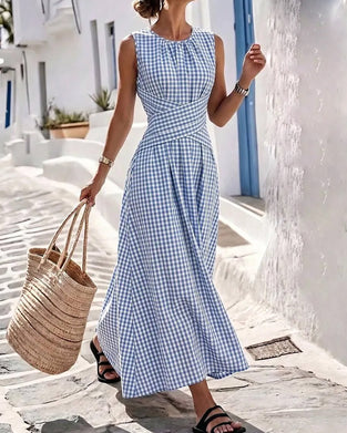 Kleid Rundhals Kreuz Gerafft Karo