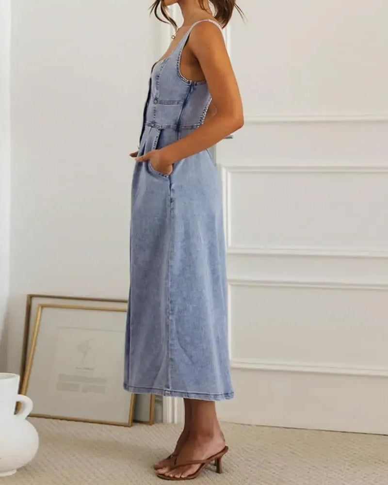 Kleid Spaghettiträger Knopf Taille Tailliert Denim
