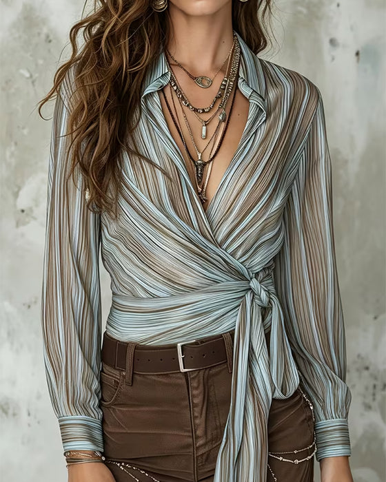 Bluse Revers Streifen Twist Knoten