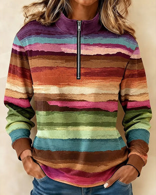 Sweatshirt Vintage Bunt Gestreift Halber Reißverschluss Stehkragen Langarm