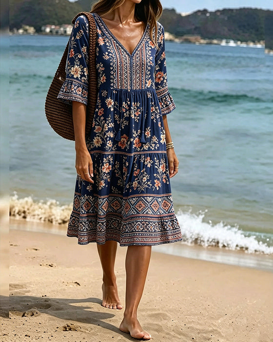 Kleid V-Ausschnitt Ethnisch Blumig Patchwork