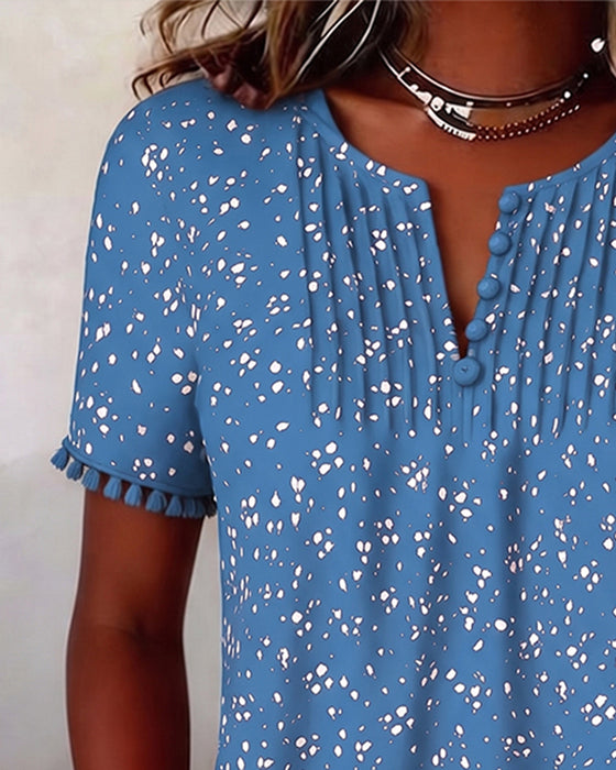 Bluse Weißer Punkt Franse Kurzarm
