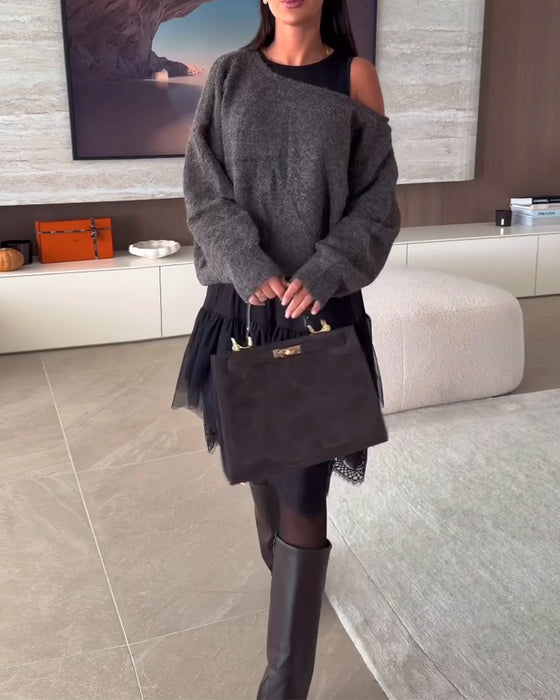 Off-Shoulder Locker Pullover & Spitzensaum Kleid