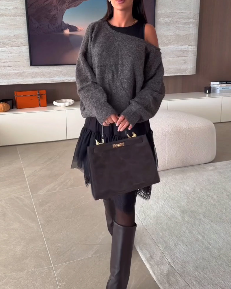 Off-Shoulder Locker Pullover & Spitzensaum Kleid