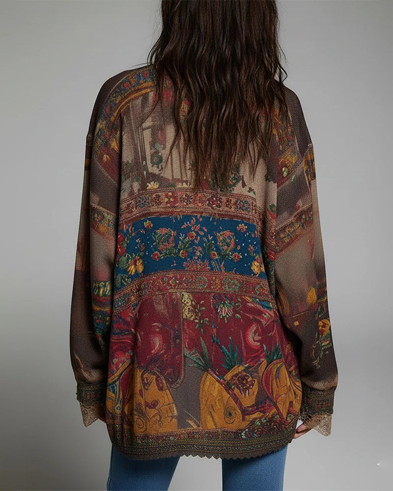 Bluse mit Spitzeneinsätzen und Blumenprint