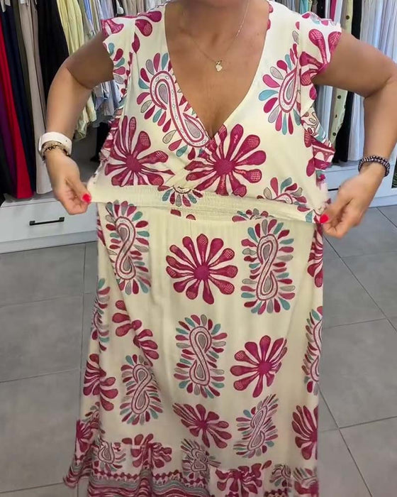 Kleid Blumen Taille-Zug Flatter-Ärmel Urlaub Maxi