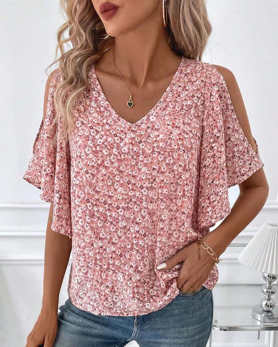 Bluse V-Ausschnitt Blumig Off-Shoulder Flügelärmel