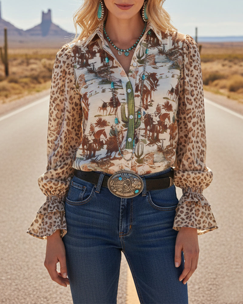 Hemd Revers Vintage Druck Puffärmel