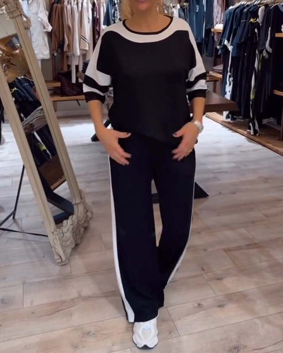 Set kurzärmlig Kontrastfarbe lässige gerade Hose