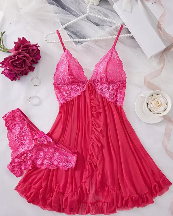 Cami Nachthemd & Schleifen-Deko Slip Set Damen Sexy Rüschenbesatz Spitze