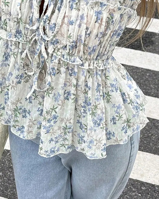 Bluse Blumen Flatterärmel V-Ausschnitt Bindung
