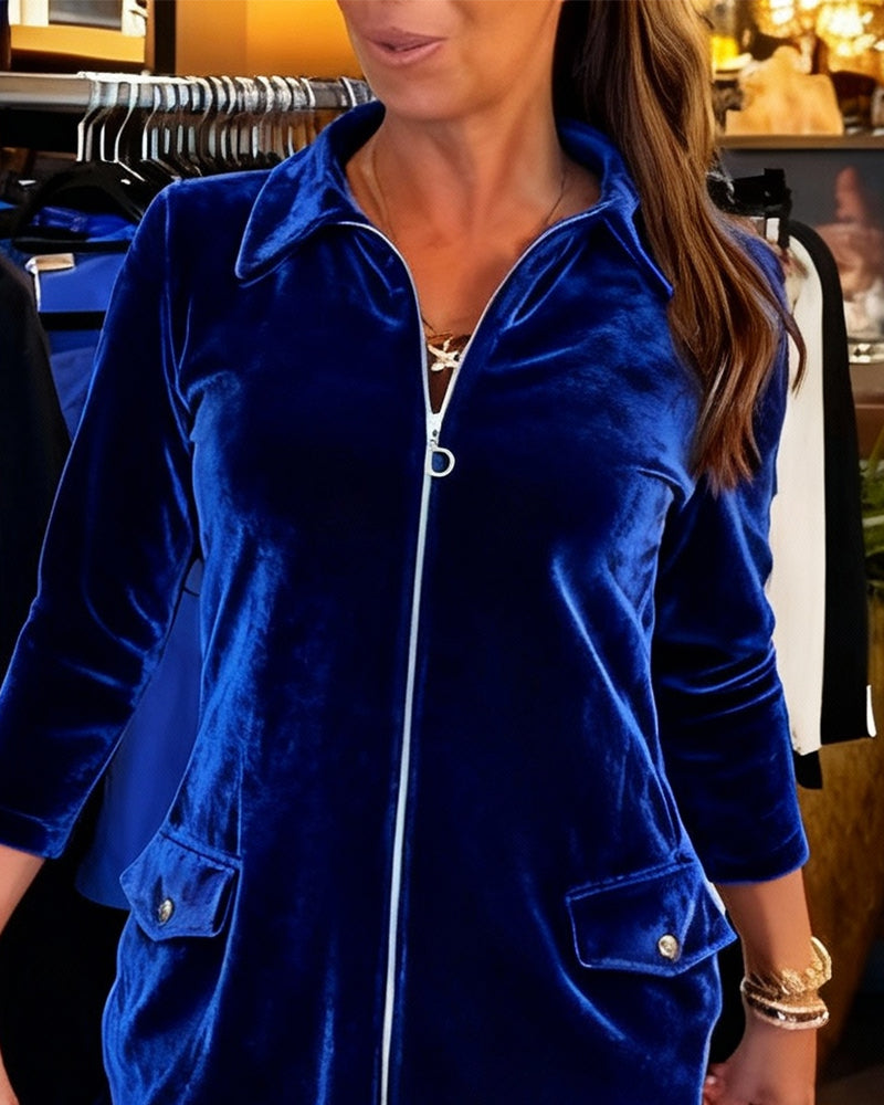 Kleid Elegant Schrägschnitt Reißverschluss Revers