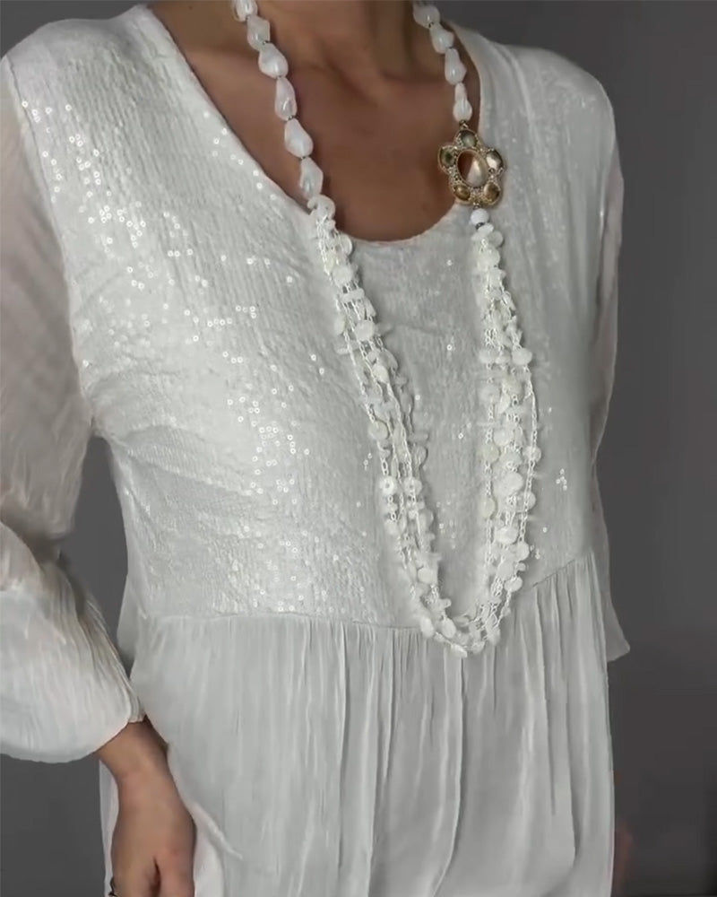 Kleid Chiffon Pailletten Patchwork Lang