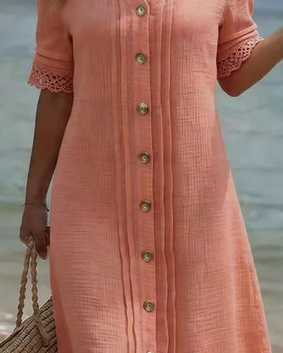 Kleid Plissiert V-Ausschnitt Knopf Spitze Patchwork
