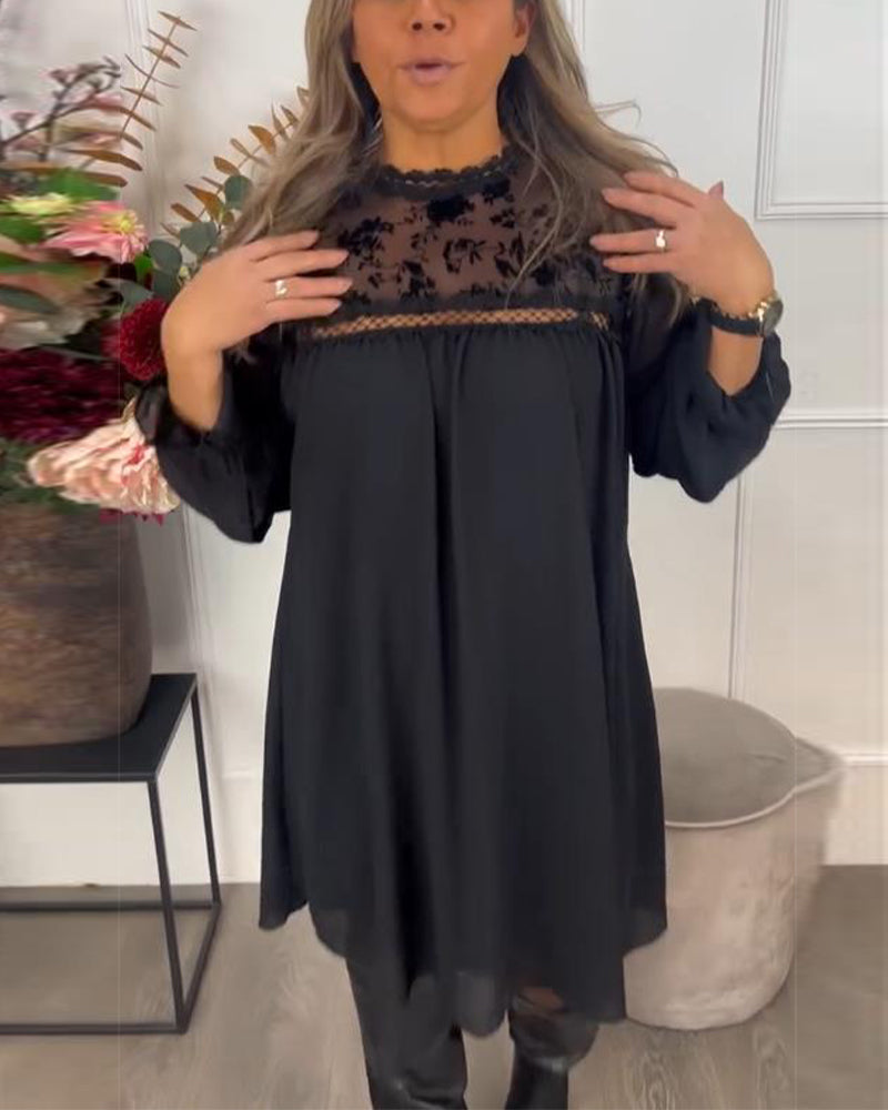 Kleid Mit Spitzenausschnitt Detail, Puffärmel-Design Und Eleganter Aura