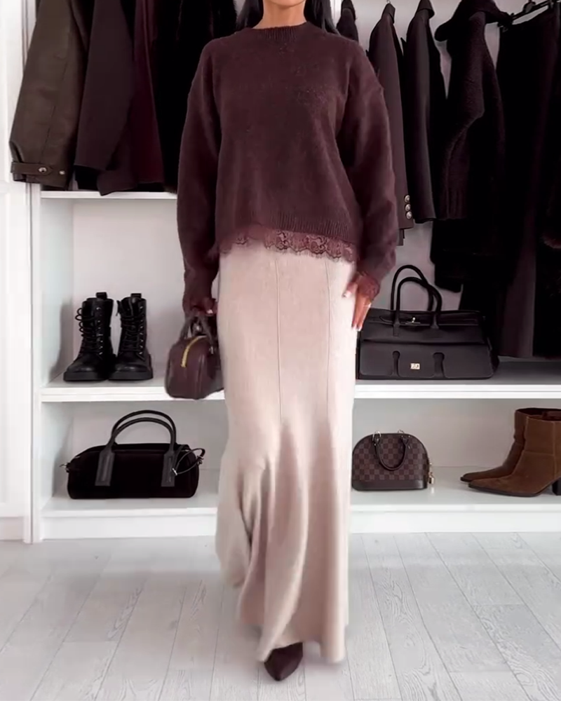 Pullover mit Spitzenpanel und Rundhalsausschnitt