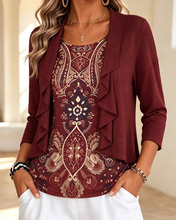 Bluse Imitation Zweiteilig Rüsche Print