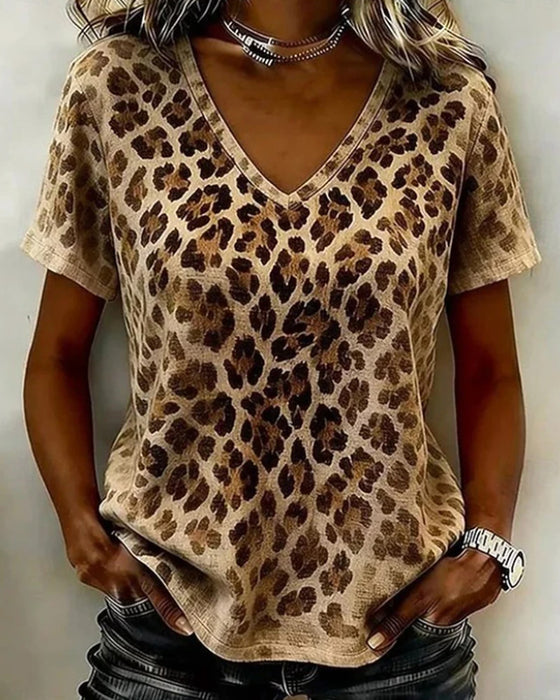 T-Shirt V-Ausschnitt Leopard Druck Gradient Kurzarm