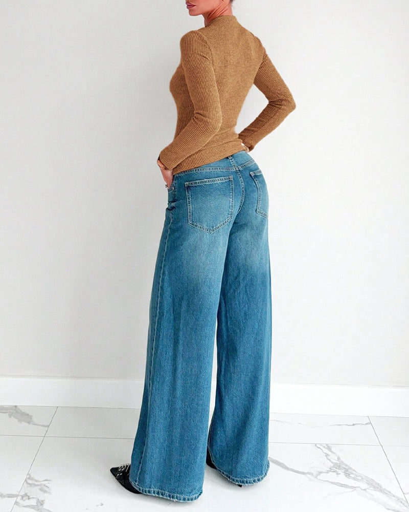 T-Shirt Damen Langarm Rippenstrick Dreh Vorne