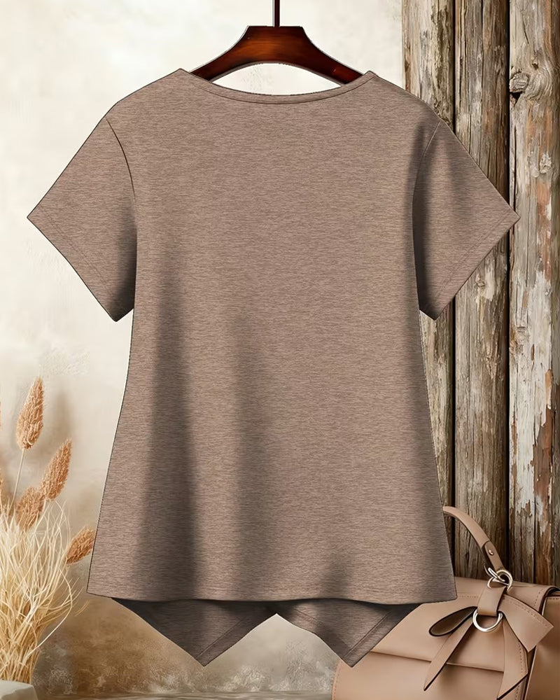 T-Shirt Einfarbig Rundhalsausschnitt Unregelmäßiger Saum