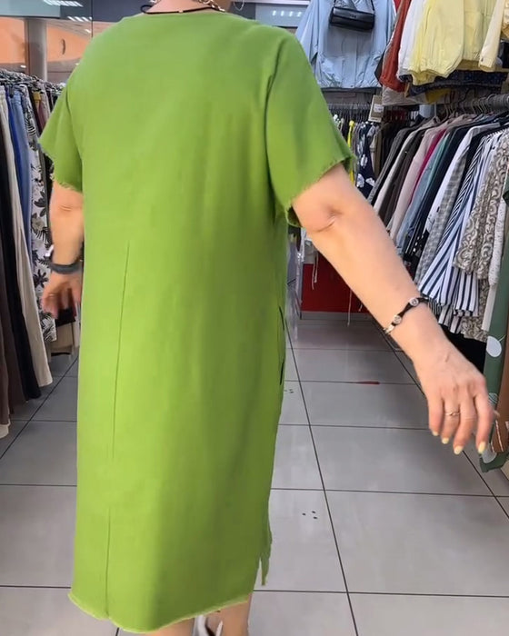 Kleid Rohe Kante Kurzer Ärmel Locker Lässig