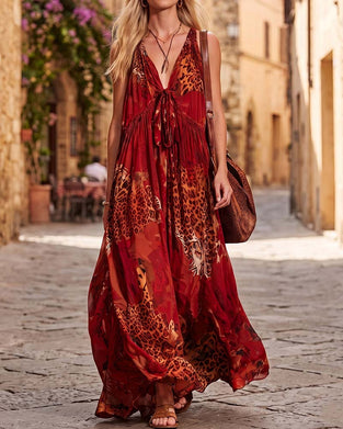 Kleid V-Ausschnitt Leopard Bohème Spaghettiträger Maxi