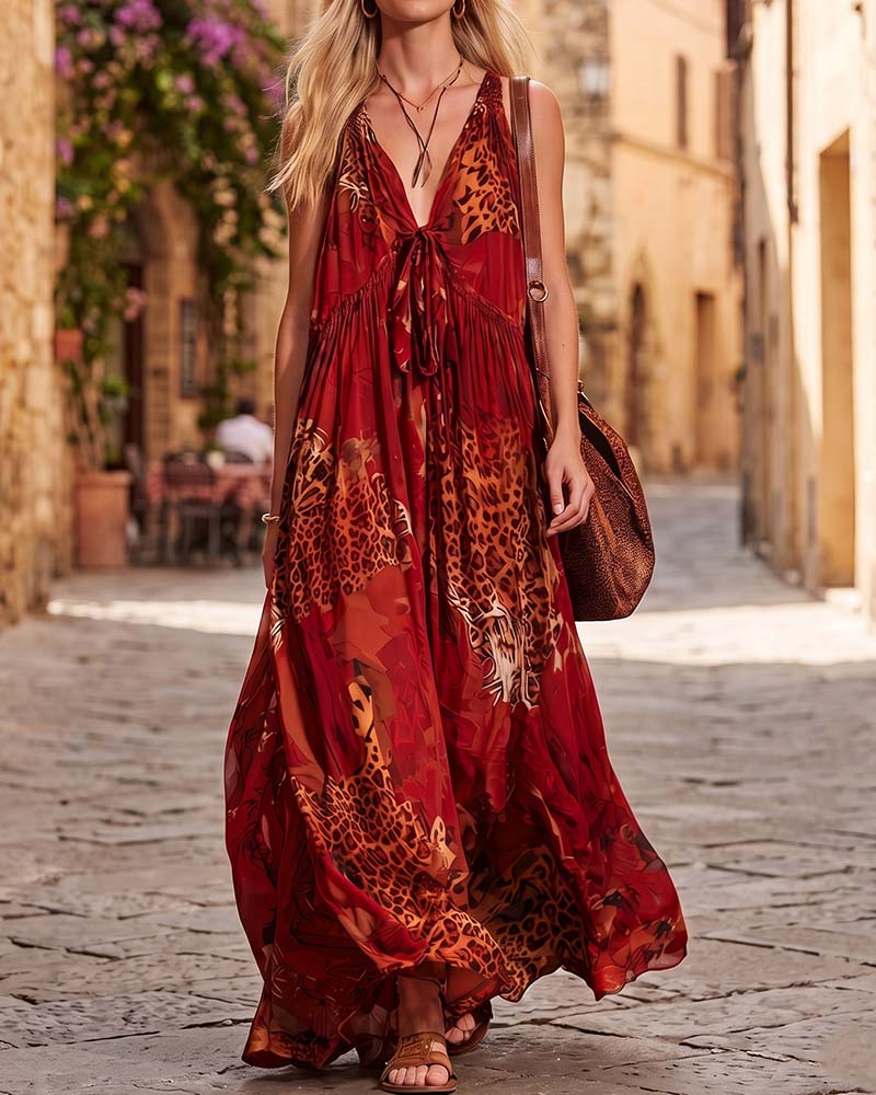 Kleid V-Ausschnitt Leopard Bohème Spaghettiträger Maxi