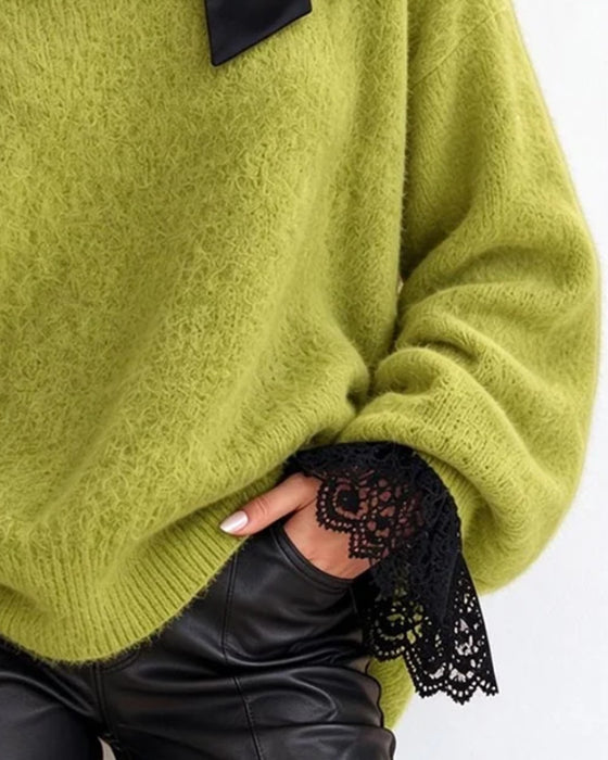 Pullover Turtleneck Schleife Off-Shoulder Spitze Patchwork