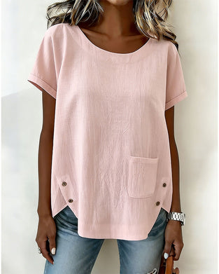 T-Skjorte Bomull Lin Knapp Detalj Kort Erme