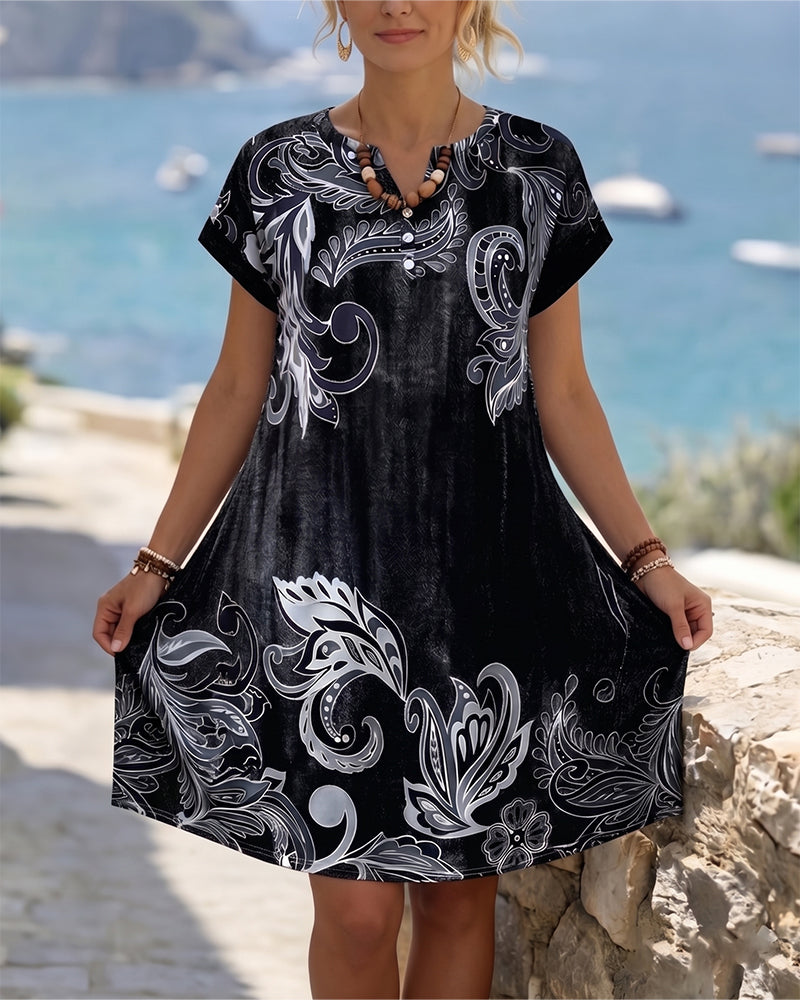 Kleid V-Ausschnitt Halbe Knopfleiste Druck