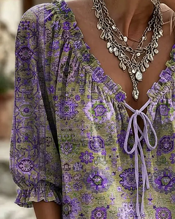 Bluse V-Ausschnitt Bindung Vintage Print