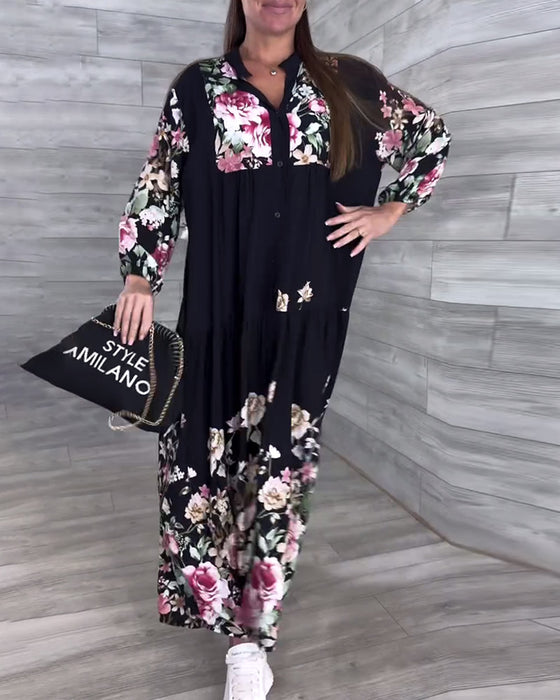 Kleid Blumenmuster Lässig Laternenärmel